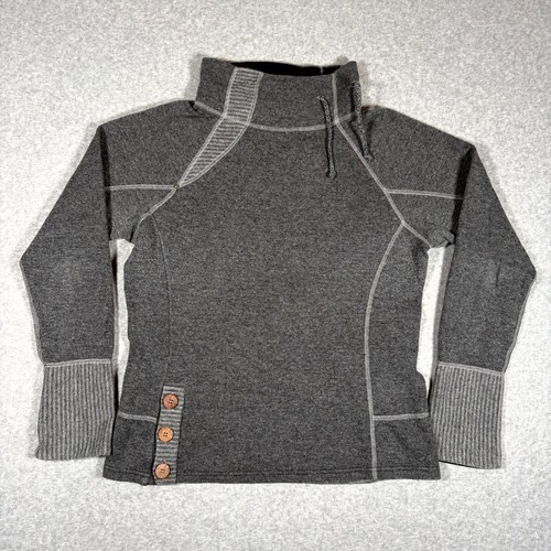 Prana Lucia Sweater Womens Large Gray Tight Knit Funnel Neck Side Buttons Detail