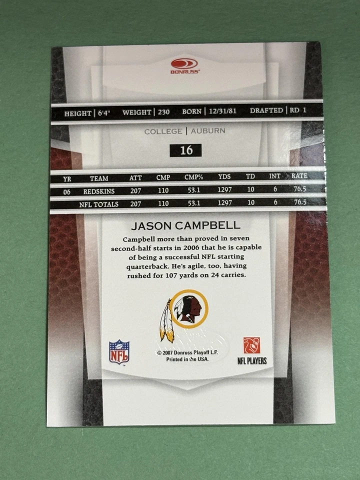 Jason Campbell 2007 Leaf Certified Materials Washington Redskins #16 V481 - Image 2 of 2