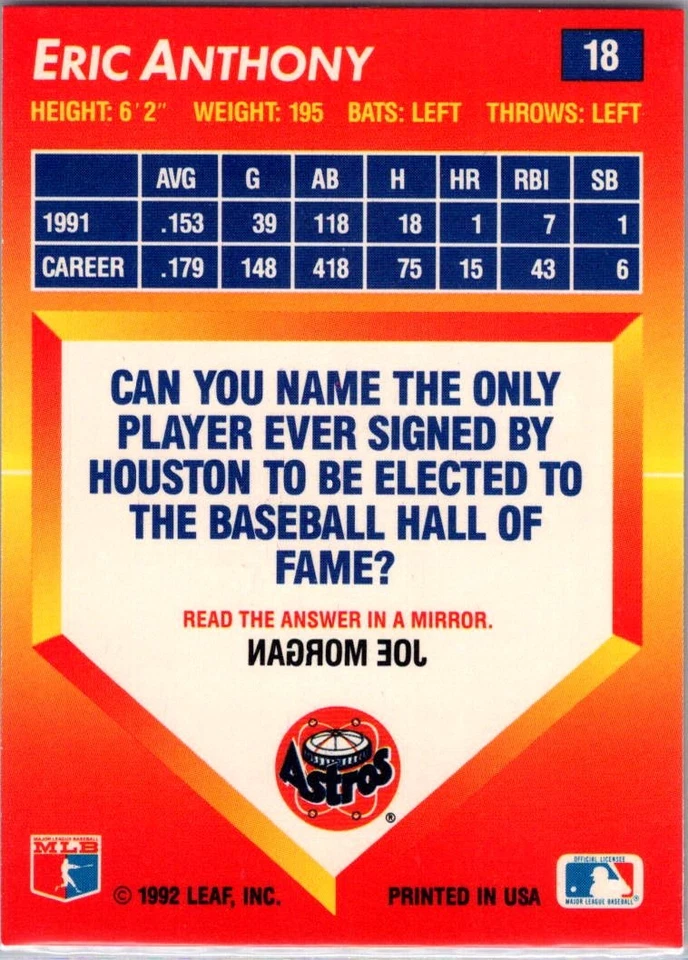 1992 Triple Play Eric Anthony #18 Houston Astros - Image 2 of 2