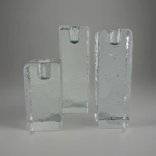 VTG Blenko Art Glass MidCentury Ice Clear Pillar Candle 3 pc Set Don Shepherd
