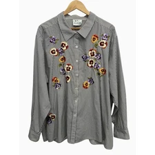 Quacker Factory 3X Embroidered Shirt Button Down Floral Pansy Stripes Cottage