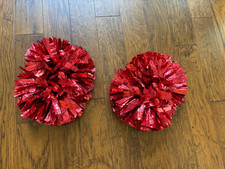 2 Red Foil 14" diameter Cheerleader's Pom Poms with Plastic Center Bar VGC