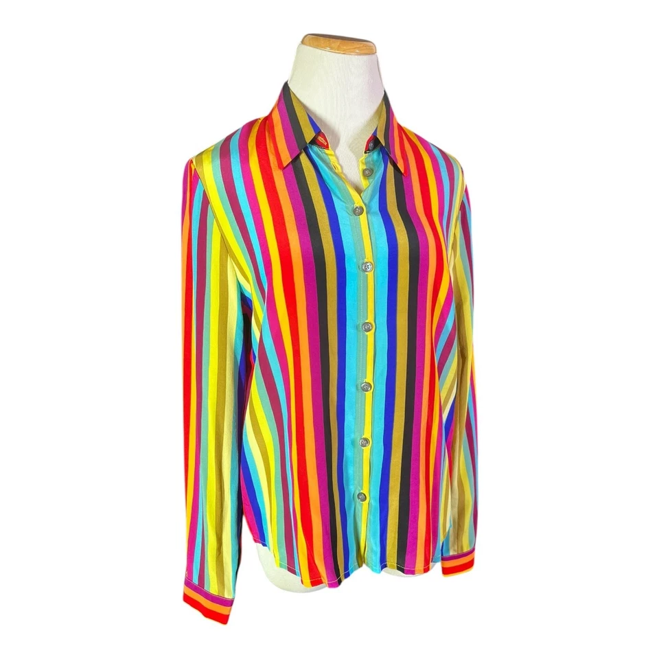 Camisa de seda vintage años 90 Jones New York talla 8 colorida arco iris a rayas abotonada Foto 3 de 4