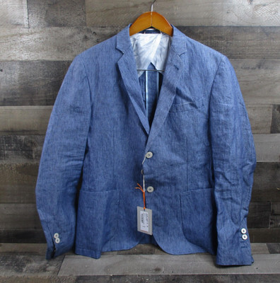 Maestrami Blazer Mens 38 Blue Linen 2 Button Made in Italy Sport Coat Summer