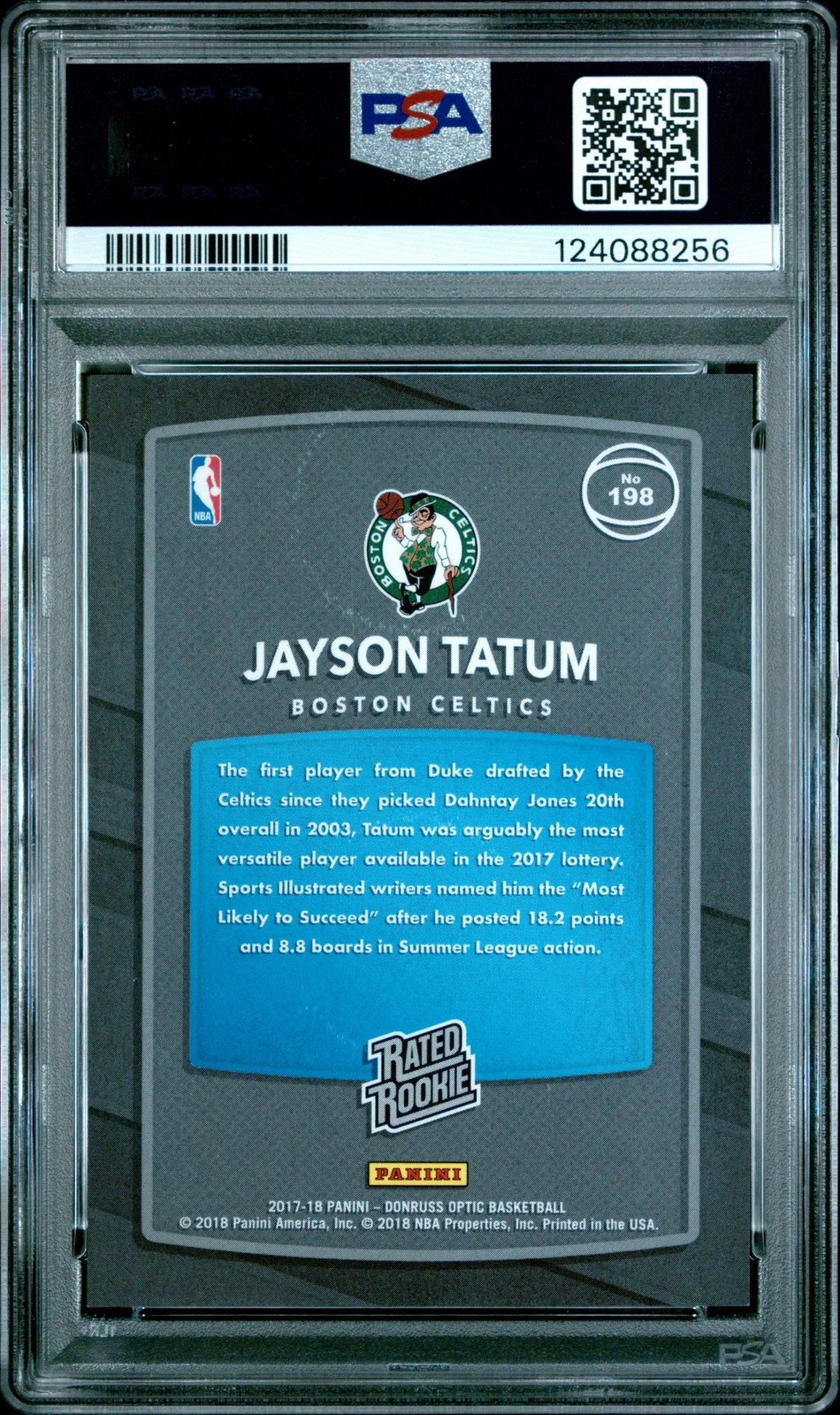JAYSON TATUM 2017-18 Panini Donruss Optic Rated Rookie Shock Prizm #198 PSA 9 view 2