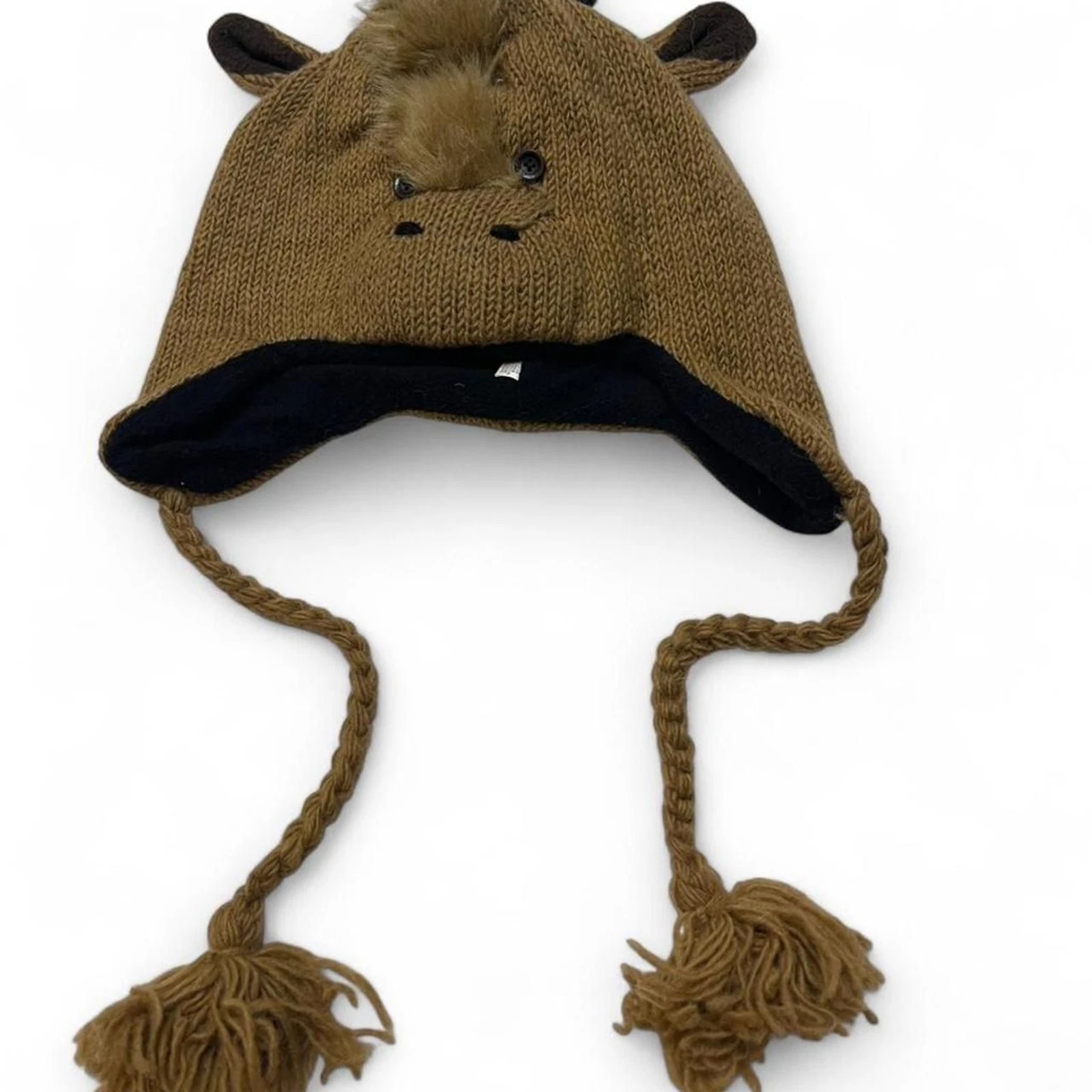 Handmade Wool Horse Beanie Hat Fleece Lined Animal Earflap Tassels