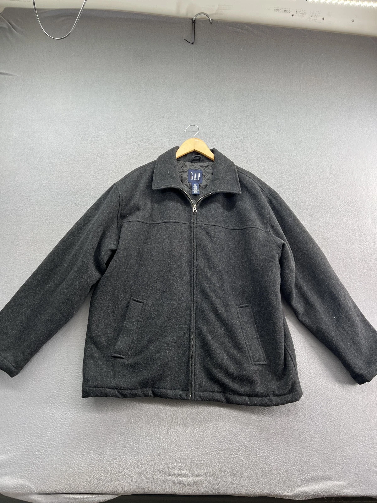 Vintage GAP Jacket Mens Large Charcoal Wool Blend Zip Up Quilted Lined Y2K 00s