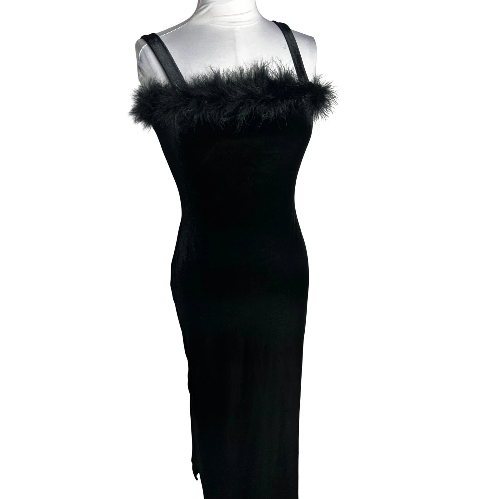 High Maintenance Vintage Black Velvet Feather Trim Maxi Dress L 4936 Made in USA