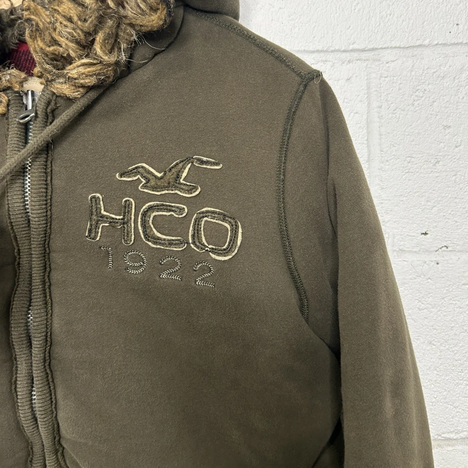 De Colección Y2K Hollister Imitación Piel Forrada a Cuadros Chaqueta Pesada Sudadera con Capucha Cremallera Completa “Oliva” Foto 4 de 4