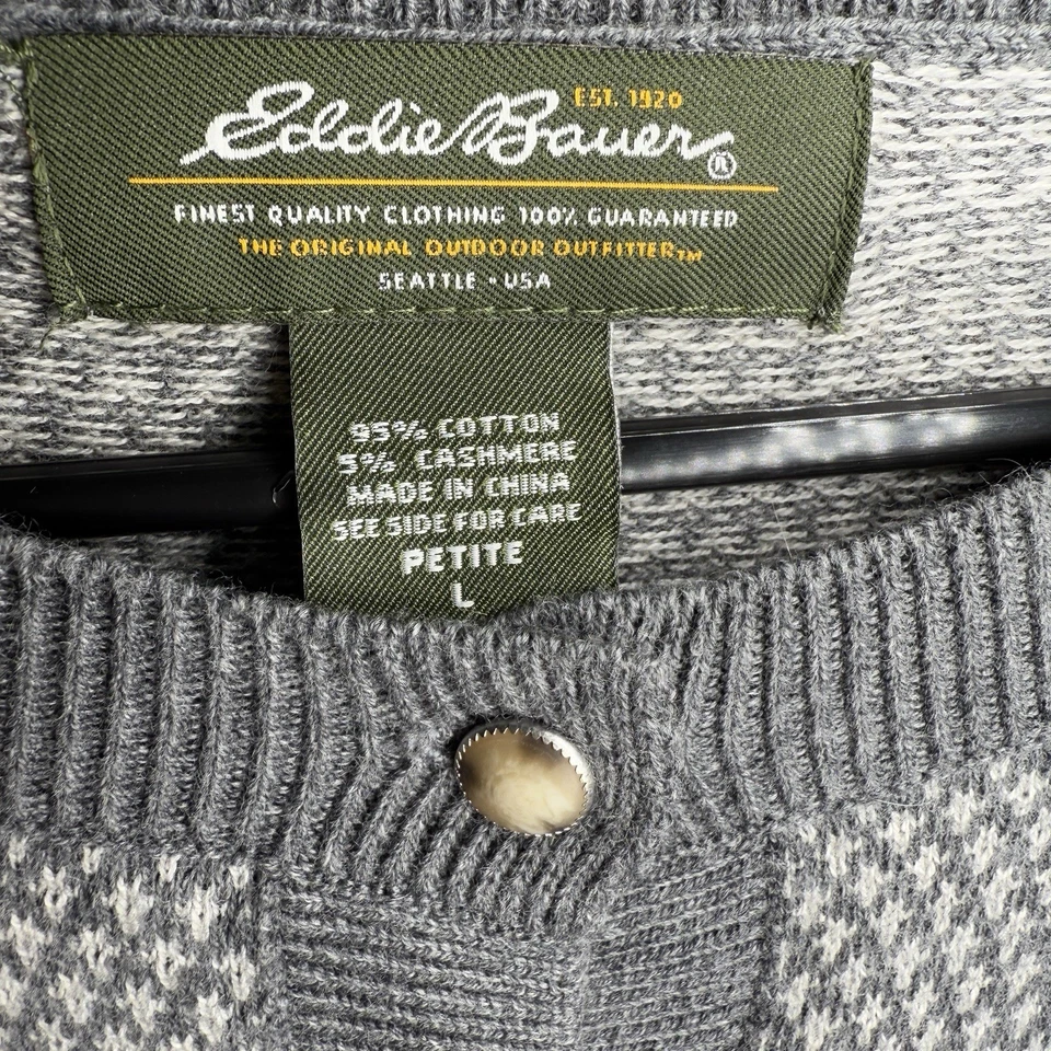 Cárdigan suéter Eddie Bauer mezcla de cachemir gris blanco ojo de pájaro para mujer’s L Petite Foto 4 de 4
