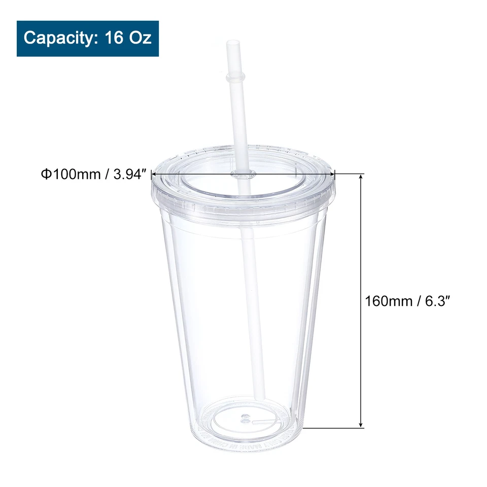 Vaso Acrílico con Tapa y Pajita 16Oz Doble Pared Transparente Vasos Gris Foto 2 de 4