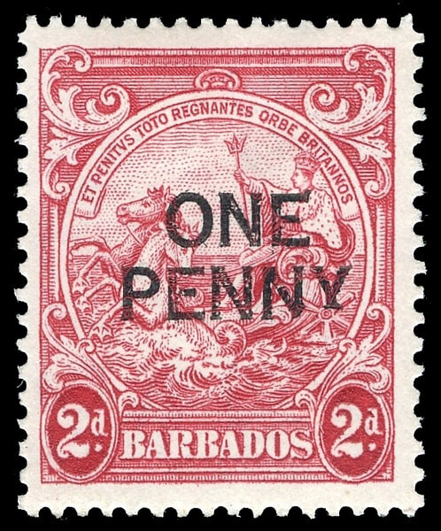 Barbados 1947 KGVI 1d su 2d carminio CORTO "Y" IN "PENNY var fila 6 2 VFM SG 264ec
