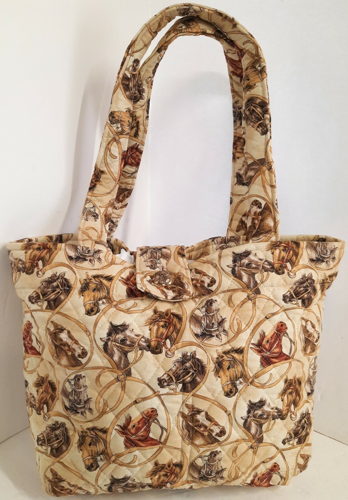 Stylish Beige Horse Head Print Tote Bag with Button Strap, 4 Inner Pockets, and Fabric Handle for Everyday Use-image