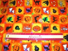 HALLOWEEN FABRIC CUTE ORANGE WITH BATS, MUMMIES, CATS, GHOSTS COTTON 1 YARD