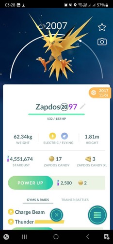 Zapdos ( Caught In 2017 ) Pokemon Tr@de Go
