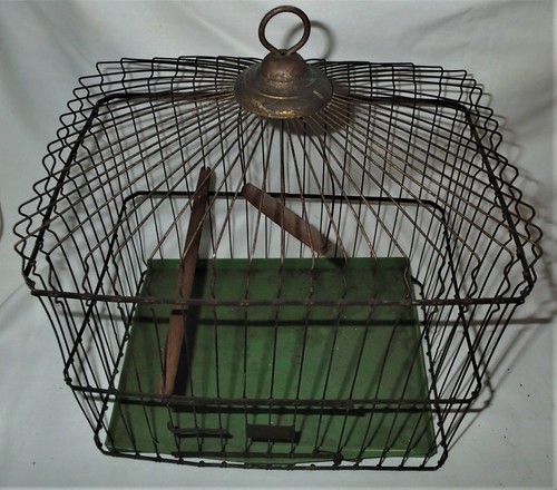 ANTIQUE VINTAGE COUNTRY BIRD WIRE CAGE WOOD PLASTIC BOTTOM BRASS METAL AUDUBON - Picture 9 of 11