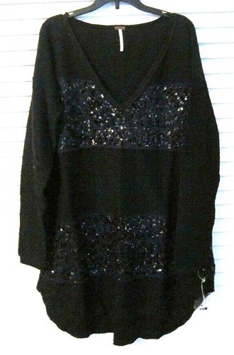 NWT Free People Sweater Oversize Sequin V Neck Tunic Blue Black sz S - Picture 2 of 3