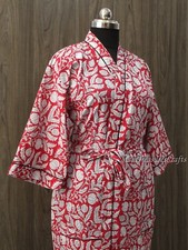 Indian Red Floral Hand Block Print Cotton Kimono Robes Women Night Dress Kimono