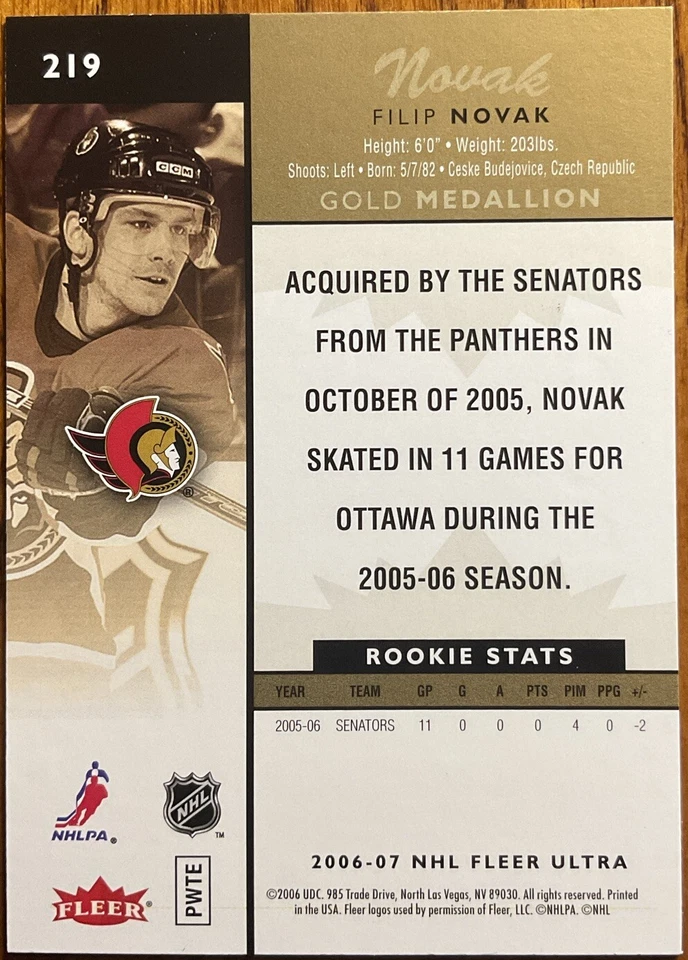 2006-07 Fleer Ultra Gold Medallion Filip Novak RC #219 Ottawa Senators - Image 2 of 2