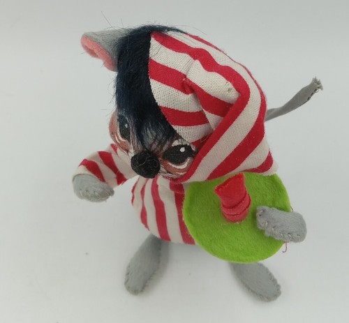 Vintage Annalee Mobilitee Christmas Mouse Candy Striped Nightshirt & Hat 6" 1971 - Picture 10 of 11