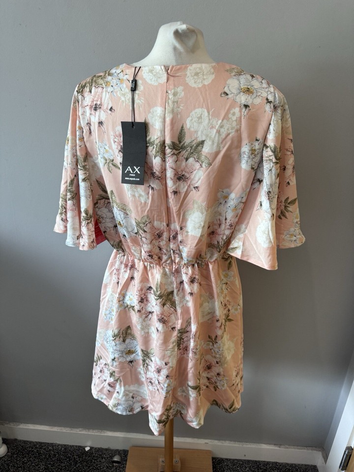 Ladies AX Paris Pink White Floral Pattern Satin Look Bat Wing Dress