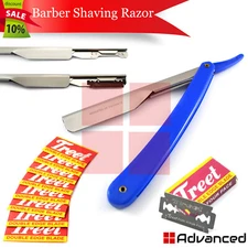 Blue Barber Shaving Razor Straight Plastic Handle Slider Men Cut Throat + Blades
