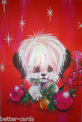 Christmas Vintage 1970's Gift Wrapping Paper Happy Merry Puppy Dog Poodle Santa
