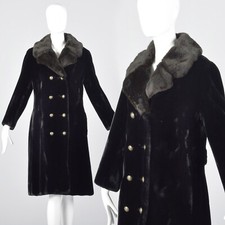 Medium Faux Fur Black Vintage Coat 1970s Vegan Gold Buttons Fur Collar Pockets