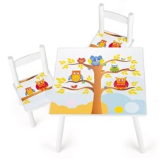 Weiß Holz Kindertisch und 2 Stühle - Kindersitzgruppe für Kinder, UV-Druck: EULE