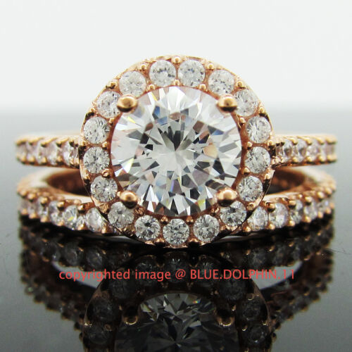 Real Genuine Solid 9K Rose Gold Engagement Wedding 2 Rings Set Simulated Diamond - Picture 1 of 8