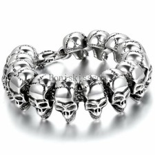 Fashion Gothic Skull Head Beads Link Biker Mens Stainless Steel Bracelet Bangle