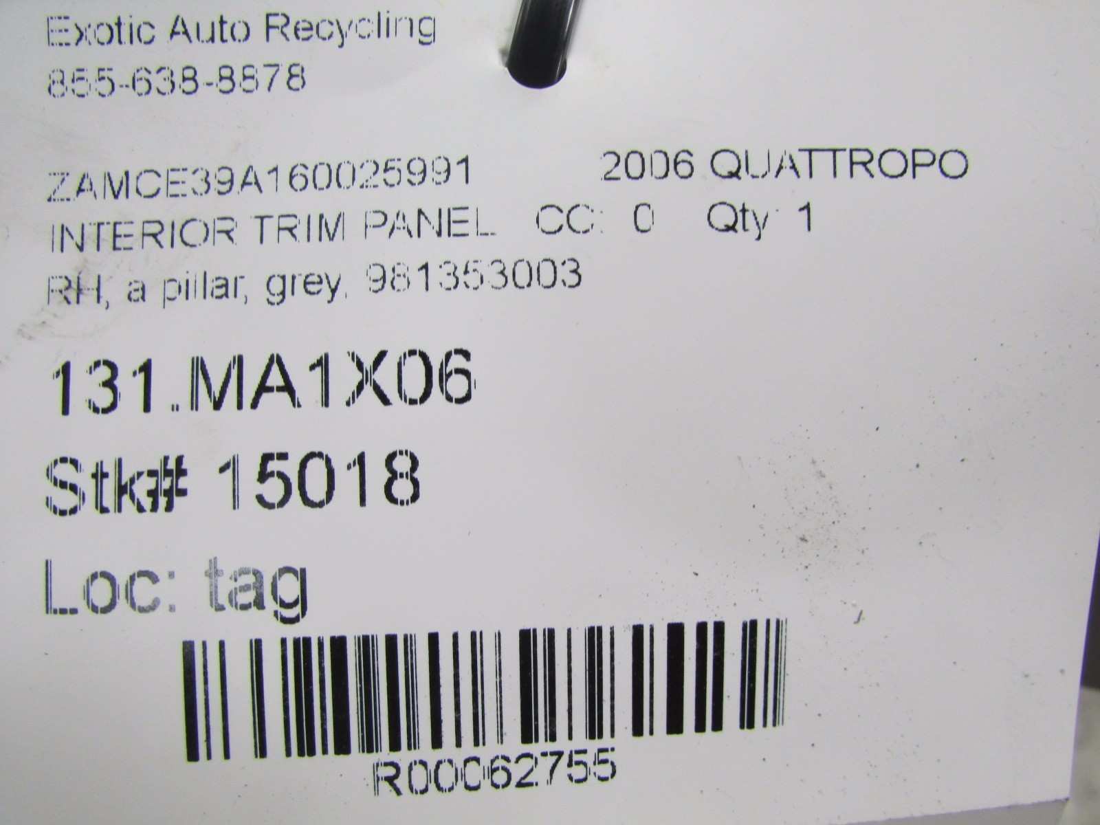 Maserati Quattroporte, RH Right A-Pillar Grey Interior Trim, Used, P/N 981353003