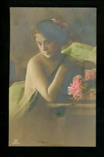 People real photo postcard RPPC woman w/ flowers colored