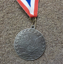 2 1/8" Silver Track medal, track shoe stop watch, nice size, laserable award