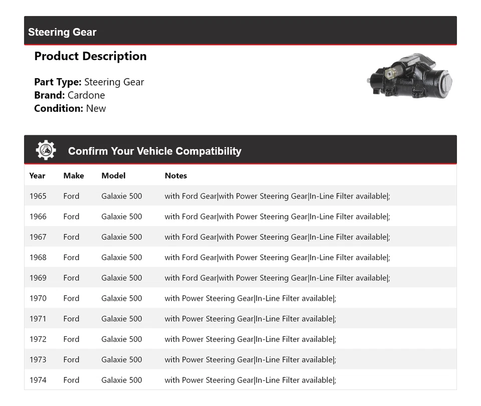 适用于 1965 - 1974 年福特银河 500 转向齿轮 Cardone 1966 1967 1969 1970 — 第 2/4 张图片
