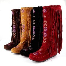 Retro Womens Fringe Tassel Embroidery Pull On Knee High Moccasins Boots