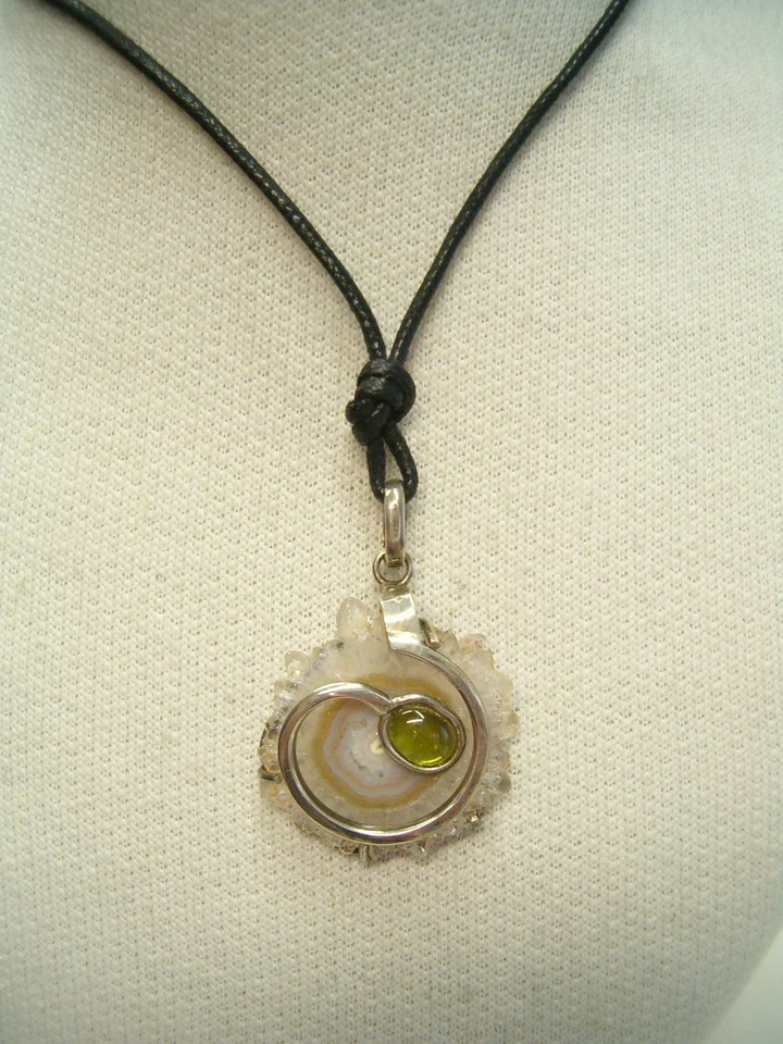 Ciondolo in ARGENTO 925 con AGATA e TORMALINA naturale e girocollo - pietra dura - Immagine 2 di 4