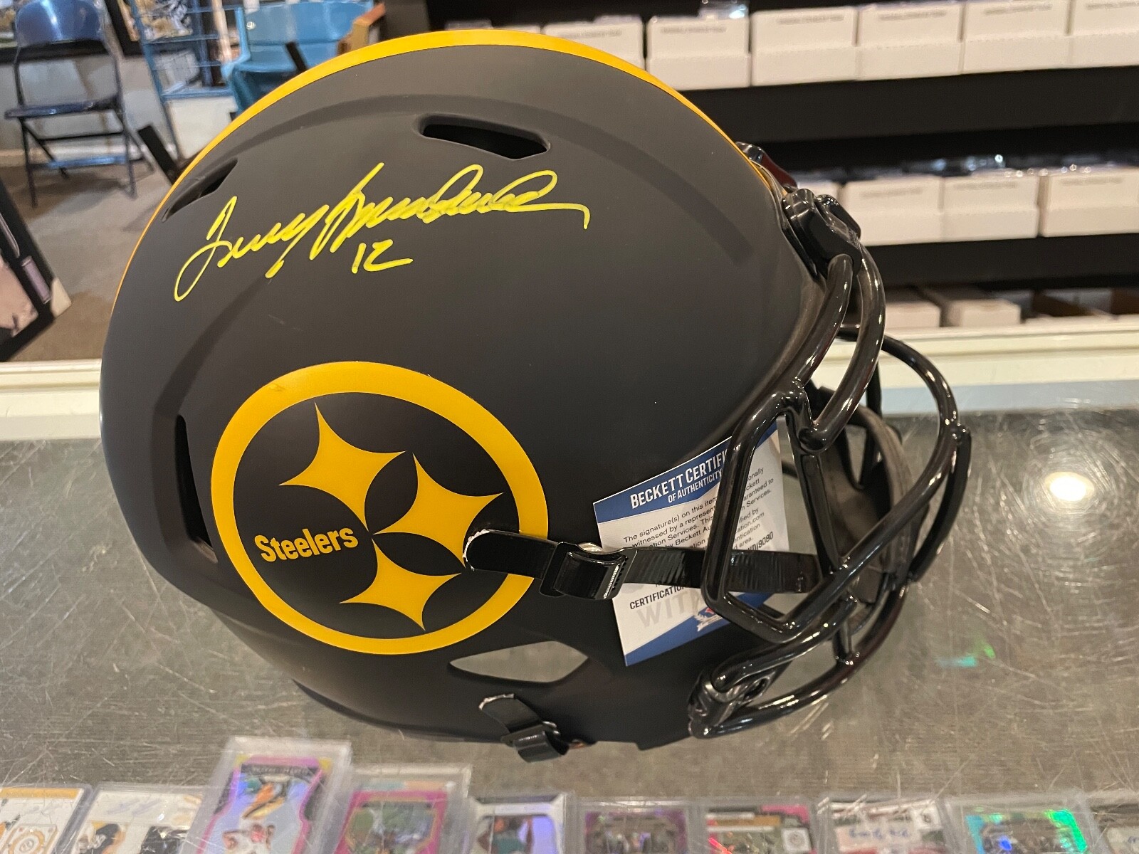 TERRY BRADSHAW #12 STEELERS SIGNED FULL SIZE REPLICA ECLIPSE HELMET BECKETT 