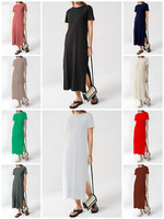LADIES WOMENS ROUND NECK DOUBLE SIDE SPLIT HEM MAXI LONG DRESS UK 8-26