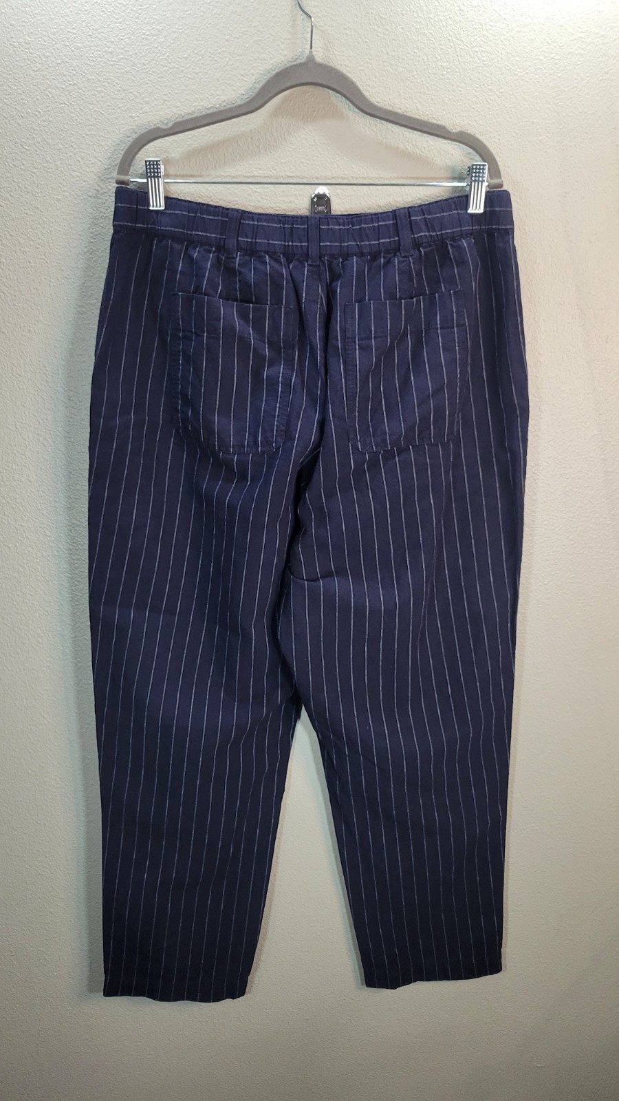 UNIQLO Navy Pinstripe Linen Blend Cropped Pants XL 32-33 Elastic Waist thumbnail 4