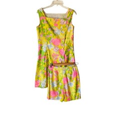 Vintage 1960s Matching Top Short Set Yellow Pink Floral size 4-6 Small