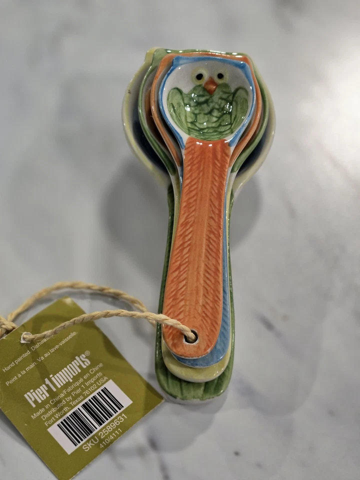 Measuring Spoons Ceramic OWLS Pier 1 Imports Spoons Set Of 4 And Spoon Holder-A3 - Image 2 of 3
