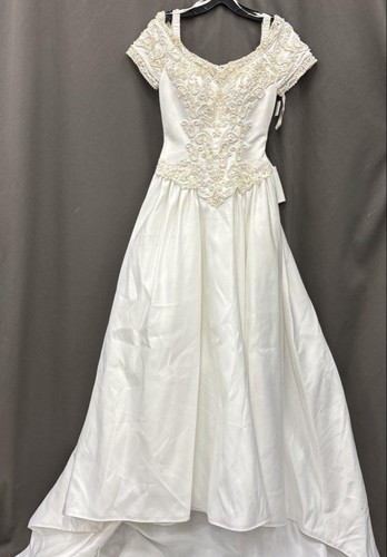  Vintage Michelangelo Satin Wedding Dress Embroidered With Pearls Beads Sz 4 