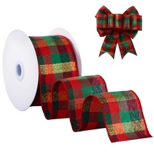 Christmas Wired Ribbon 2-1/2 Inch 10 Yards Gold Red Green Gingham Tartan Bow