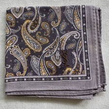 Mens Handkerchief VTG Dark Gray Cotton Yellow Paisley Pattern Pocket Square 18"