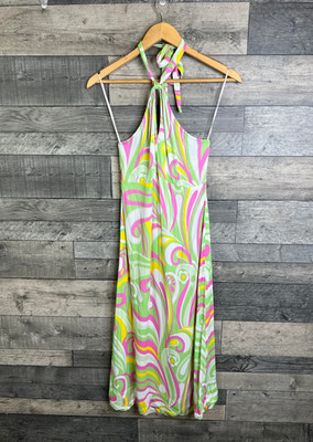 Accessorize Midikleid Gr. Small grün rosa Swirl Neckholder Satin hell Spaß