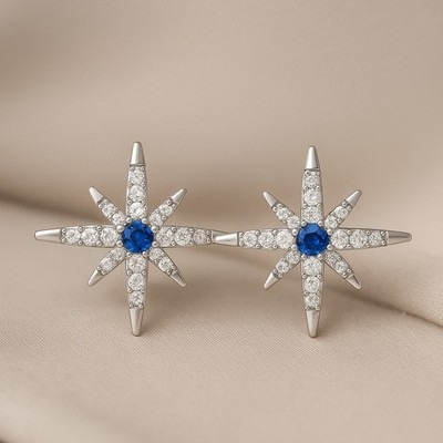 Star Blaue Saphir Kreis Ohrstecker 925 Sterlingsilber #1023