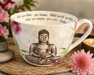 Portobello By Design Buddha Jumbo Tea Cup Soup Mug Bone China Floral Zen Quote