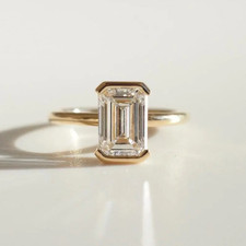 3 Carat Half Bezel Set Emerald Cut Lab Grown Diamond Engagement Ring | 14k Gold