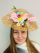 Hat Fascinator Large Straw Base Pink Bow Multicolor Flowers OOAK Derby Lunch New